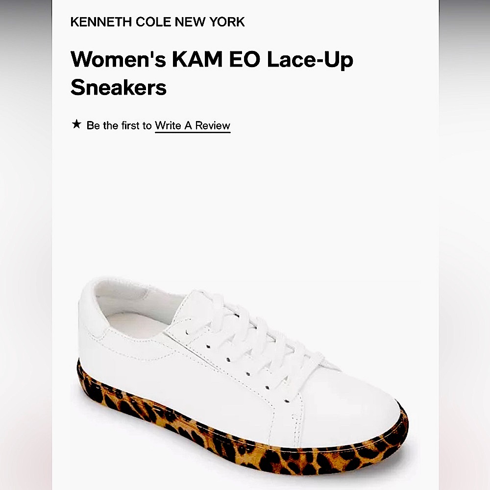 Kenneth Cole white leather lace up sneakers with animal print bottoms. - Picture 2 of 7